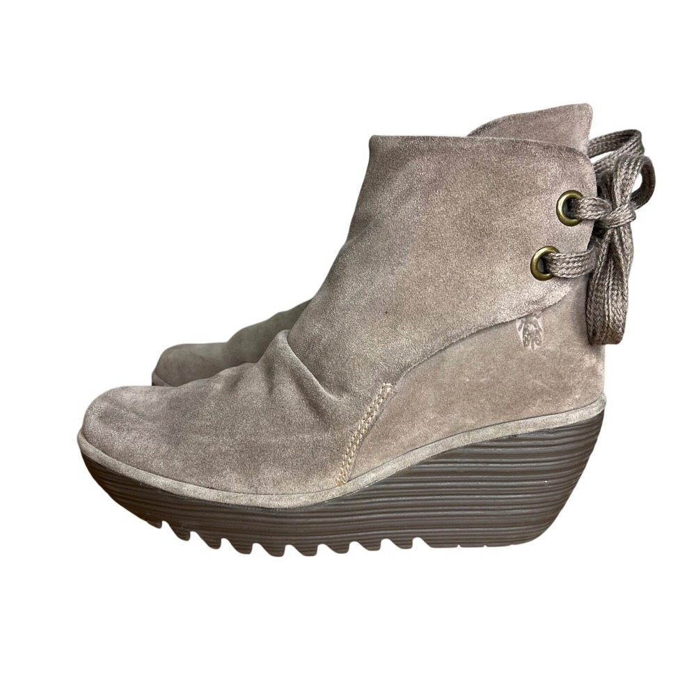 FLY LONDON YEBI Ankle Wedge Heel Booties Size 39 (8 - 8.5 US) Tan Suede Back Tie